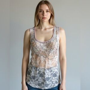 Charlotte Russe sheer mash floral/rose print top/blouse L tan sleeveless